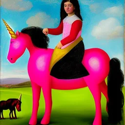 Retrato de una pre adolescente muy guapa llamada Eira Santiago Arnau montando un unicornio rosa con el estilo de Diego Velázquez