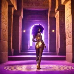 [bokeh macro view] Inside the ancient pyramid, forgotten hieroglyphs dance on the walls. In the chamber's center, a woman stands; her violet hair flows over dark skin like amethysts. Sensual and powerful, she captivates with each graceful movement. Clad in a shimmering golden swimsuit, a round pink plush carpet beneath her feet, with her white sunglasses, she embodies divine beauty. Her allure is magnetic, drawing all eyes to her.