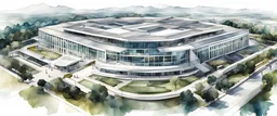Create a slightly abstract aerial illustration with panoramic technical architectural drawings of a very big building in silicon valley , primarily in black, raw collage artwork, offwhite background color, green garden , blue sky, in deep watercolor strokes over low poly structures