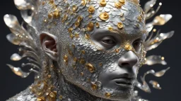 figure of a fish man with fish scale skin, art from Jasper Harvey's "art of control" collection, futuristic optics style, silver and gold, flower, bird, detailed facial features, swirling vortices, 8k 3d, bizarre cyborgs made of crystals, high detail, high resolution, 8K