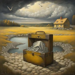 Surrealism in the style of Alex Alemany, a beach, an old open battered, dirty suit case sitting open near the water, inside the suitcase Kincaid landscape of a yellow farmhouse estate called Merrill House in Andover Maine, gate to a stormy valley in the middle of a meadow,Jean-Baptiste Monge style a surreal artwork that depicts a scene within a cracked open half-circular world. The edge of the circle is decorated with rocks and a tree that grows out of the sides..A group of elderly women walks a