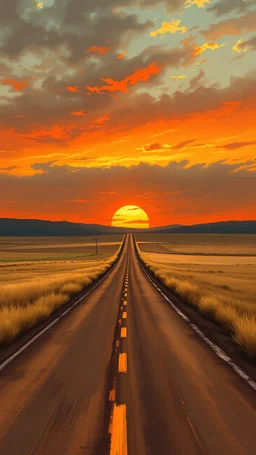 road with sunset in the prairies, old western, painting based on grainy photo, orange brown tones