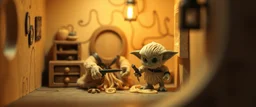 air brush 3d with pen outline,spaghetti western fluffy goblin edgy hero, shallow depth of field, warm lantern, pin hole cam in doll house
