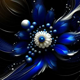 fractal, in the middle there is a white flower, in the middle of the flower there is a blue ball, around the flower there are many pearls of different sizes. On both ends of the picture there are delicate, colorful feathers. The texture is dark blue
