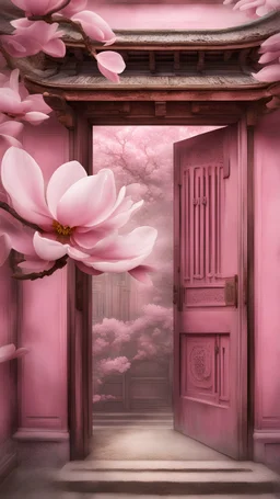 Multi-exposure 3D photographic images, close-up of beautiful pink magnolia flowers in the foreground, pink walls of ancient buildings in Chinese style, golden carved ancient wooden doors and windows backgrounds, ghosting, superimposing, and conjuring up beautiful dreamy phantoms.