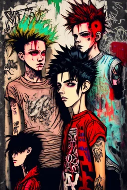 Act like a book cover designer. Use graffiti style. First plan: Three teenagers (13-15 years old) with a grimy black cat. Two boys- redhead, chubby, low, skinny, high, neutral emotion. The punk girl with black hair. In background punk rocker with red mohawk. Enviroment: old town.