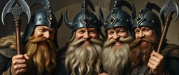 pin hole cam, master oil painting by Rembrandt, family portrait of smiling bad ass warrior clad muscle sturdy buildt deep rock metal towering dwarves in dark metal helmets and in fine clothes and with ice picks laughing