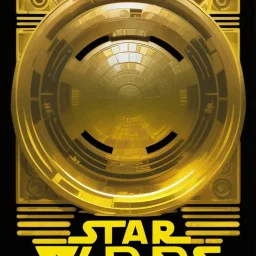 "STAR WARS" text, caption, shiny. gold metallic, reflective, centered