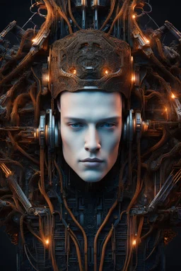 complex 3d render ultra detailed of a handsome porcelain profile young man android face, cyborg, robotic parts, 150 mm, beautiful studio soft light, rim light, vibrant details, luxurious cyberpunk, lace, hyperrealistic, anatomical, facial muscles, cable electric wires, microchip, elegant, beautiful background, octane render, H. R. Giger style, 8k, best quality, masterpiece, illustration, an extremely delicate and beautiful, extremely detailed ,CG ,unity ,wallpaper, (realistic, photo-realistic:1.