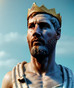 Ultra Realistic image, roman sculpture, marble deluxe material, Lionel Messi, gold Laurel crown, miguel angel style, chisel style, emperador, waist up portrait, cinematic lighting, God light, god rays, 4k resolution, smooth details, ornate details, soft lighting, unreal engine 5, sky background.