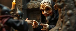 pin hole picture, miniatures on fake scene,master oil painting by Rembrandt, good afternoon bitch scary dark elf character aged matron malice talking to dark elf priests of Menzoberranzan, close up portrait of a cunning knitted doll trying to explain something weird,