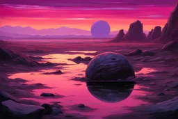 purple sky with one planet in the horizon, rocks, 2000's sci-fi movies influence, mountains, puddle, epic, friedrich eckenfelder impressionism paintings