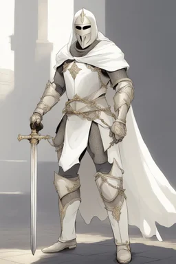 Knight wearing white armor and white cape with white mask, sword, and shield