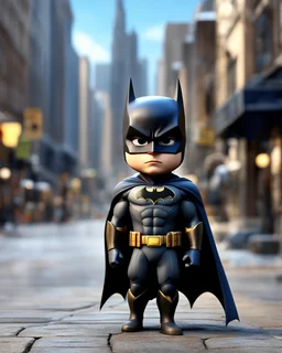 Funny Cute Pixar toon big head small body 3D as Batman ,street city background