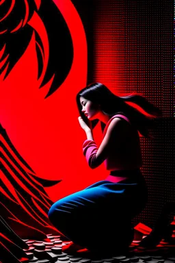 Image of a woman sitting alone, surrounded by shadowy figures whispering in her ear, suggesting the influence of manipulation and dark psychology on individual perceptions of attractiveness Give it a very dark frightening vibe. Use black and red theme.