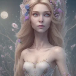 fairy style, head, women, portrai,long hair beautiful one nude body of a make up smiling woman blond long hair, alone, high key lighting, volumetric light high details with white stripes and blue eye, smiling with plump pink lips, flowers around, unreal engine petit prince belle fine, profil de trois quart, grand front cosmique, peau bleu cristalline, yeux bleu, perle sur le front long cheveux blond et rose etoilé, cristaux sur le corps, collier de grande princes