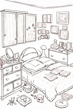 girl bedroom, many objects, line arts, manga style