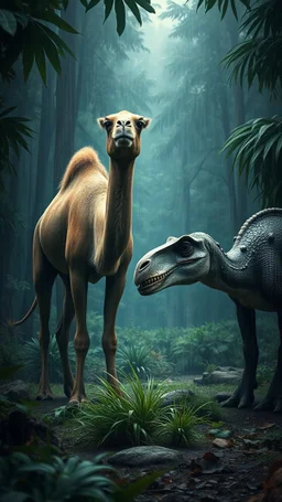 A camel and a dinosaur eating grass from the ground in a dramatic scene in a dense forest with A FIR BRUNCH under the rain. A camle The background should feature raindrops falling around the leaves.
