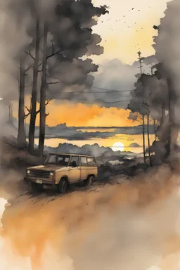 Hange Zoe. A soft-focus image of the golden sunset casting a warm glow, create in inkwash and watercolor, in the comic book art style of Mike Mignola, Bill Sienkiewicz and Jean Giraud Moebius, highly detailed, gritty textures,