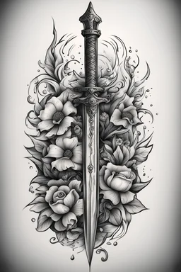 Old school tattoo sketch, black and white, sword, flowers, water