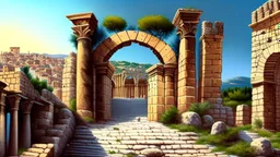 An ancient Phoenician city with a large gate , from down view