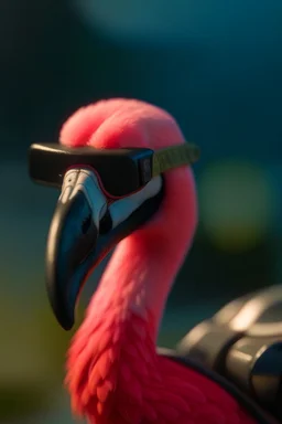 portrait of the flamingo wearing googles talking on 80s phone riding a plane over waves ,shot on Hasselblad h6d-400c, zeiss prime lens, bokeh like f/0.8, tilt-shift lens 8k, high detail, smooth render, down-light, unreal engine, prize winning