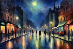 oil paint, people walking at night on a raining street, city night lights, colours, trees without leaves, moon behind clouds, extra ordinary details