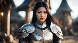 Photoreal gorgeous close-up of a holy beautiful young female master paladin with ornate religious armor in a medieval war camp, fullbody, asian, straight dark hair, otherworldly creature, in the style of fantasy movies, shot on Hasselblad h6d-400c, zeiss prime lens, bokeh like f/0.8, tilt-shift lens 8k, high detail, smooth render, unreal engine 5, cinema 4d, HDR, dust effect, vivid colors