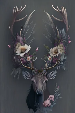 Drawing of stag head with horns made of flowers, muted colors, flowers and insects, minimalistic, realistic, dark background