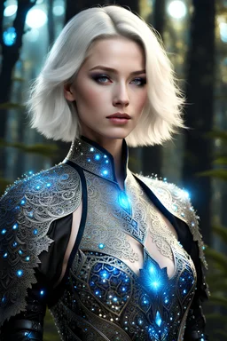 beautiful pale skin caucasian female, short neck, detailed blue eyes, large bust, bob platinum blonde hair, glowing fractal embedded on royal armor, glowing light engraved on cloth with skirt, high fantasy setting, wearing regal intricate leather with scattered glowing crystal, glowing part on clothing, midnight forest, portrait