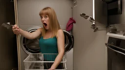 very confused young woman puts metal spoons in her dryer