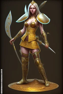 lady warrior with gold top and flower