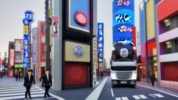 A police Tesla Cybertruck is chasing a Tesla 'Model S Plaid' at top speed, across the 'Universal Studios Japan', in Osaka. CINEMATIC. WIDE ANGLE LENS. PHOTO REAL.