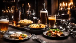 8080, delightful, sensitive, delicious food, banquet, pewter tankards and pewter plates, beer, ale, stout, confident, night, darkness, architecture, filled with delicious food, award-winning photograph, beautiful composition, chiascuro