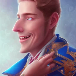 portrait homme, visage sourire, magicien respectueux, grands yeux bleus, fantasy, bleu et rose