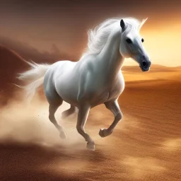 a beautiful arab white horse running in the desert, cinematic lighting, detailed,4k, best quality, ultra HD, magical