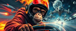 bad ass psychic ,clumsy ninja reggae monkey with helmet and with ears on fire, b movie poster, etheral astral weird perspective worried yoga vin diesel legend race car racing with huge g force against spaceships going sideways in ramp driver close up portrait of dj magic kobold gremlin farmer pilot looking down on cam, with background in the style of escher and giger, a chill contrapunctus fugue in the style of fsol, beethoven,