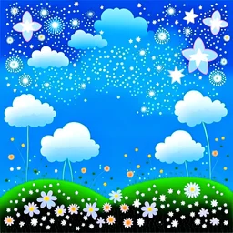 a blue sky with flowers, stars and clouds