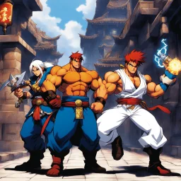 [Street Fighter III: New Generation/Official Art by Daigo Ikeno] a group of three mystic adventurer with medieval weapons in the street of a cryptic version of mega city one