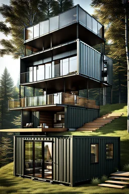 Modern house made from shipping containers, on a hill in the woods, photorealistic