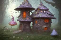 adorable little fairy standing beside a crooked mushroom house and swirly crooked tree all made from nightmares in the style of David Mach RA