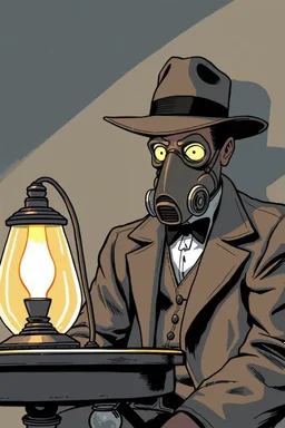a small table with lamp, with a man behind wearing a gas mask and wide brimmed flat top hat, graphic novel