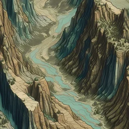 "Aerial view of a narrow defile, with steep cliffs on either side. The chasm has jagged edges, creating an imposing and treacherous terrain. The illustration is done in the style of a battle map, with detailed features and textures to convey the rugged nature of the landscape."