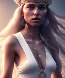 Gipsy, beautiful, curvy body, white fabric dress, beautiful long hair, bandana covering head, long earings, head and shoulders portrait, holding tarot card, 8k resolution concept art portrait by Greg Rutkowski, Unreal Engine 5 volumetric lighting