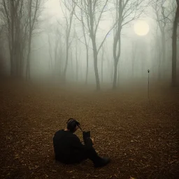 foto de costas, homem solitário com headphone na floresta a noite sentado no chão, noite lua cheia, névoa