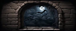 Hyper Realistic small window of dark dungeon with bats flying & cobwebs on dark rustic walls at night