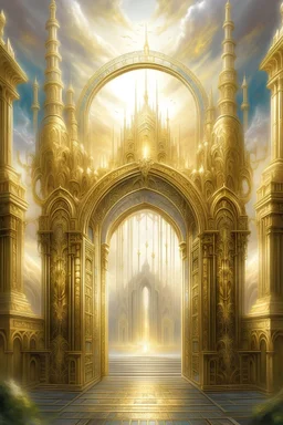Describe the "Gateway to New Jerusalem" in meticulous detail, highlighting every facet of its awe-inspiring beauty. From the shimmering gold full of glory to the intricate architecture, create an ultra-realistic masterpiece of words that transports the reader into this heavenly realm. Capture the essence of peace and divine presence as one approaches this gateway.