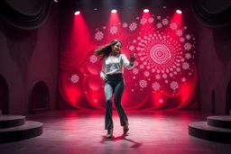 modern stage with gray-dark red theme artistic decoration , color full dynamic lighting, a beautiful lady in pants and blouse with shining silver jewels dancing, 3D recursive fractal structure animating background