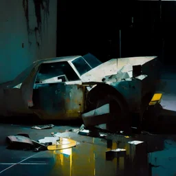 Minimal abstract oil paintings close up car parts and concrete fragments illuminated at night style of Justin Mortimer