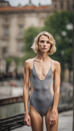 beautiful anorexic young woman, total shot, grey triathlon swimsuit, short blond wavy bob hair, blurred city background